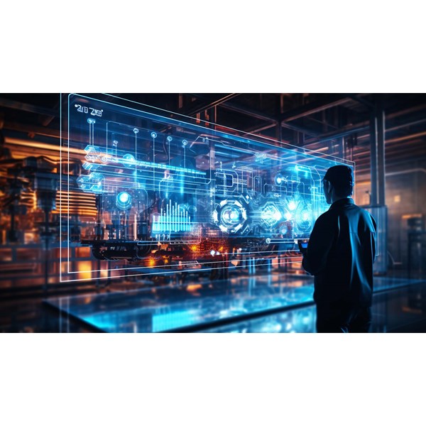 A person studies a holographic display with futuristic graphics in an industrial setting.
